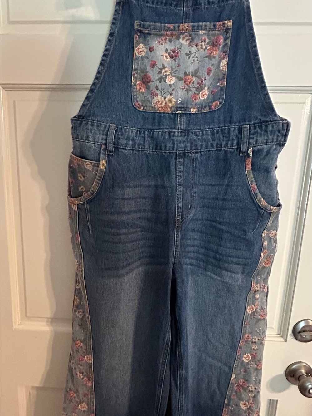 Blue Denim Women's Overalls with Floral Trim BOHO FESTIVAL